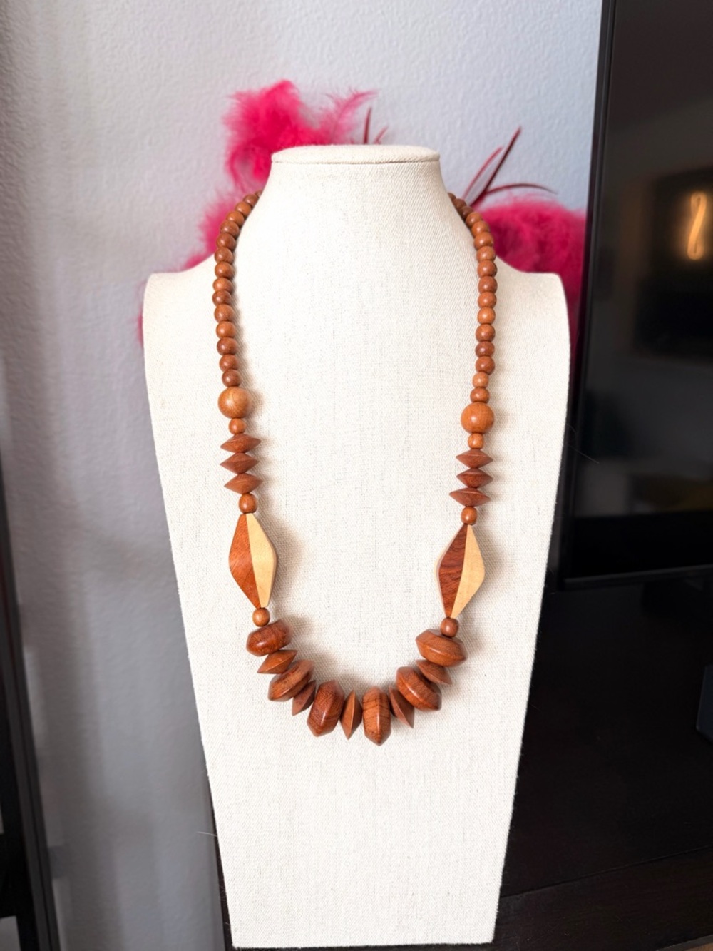 Hand Crafted Two-Tone Wooden Bead Necklace - Brown & Tan - Picture 2 of 6